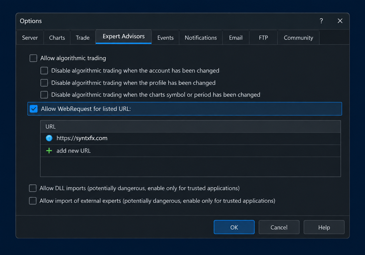 MetaTrader 5 Options dialog, Expert Advisors tab, with Allow WebRequest for listed URL ticked and https://syntxfx.com added to the URL list